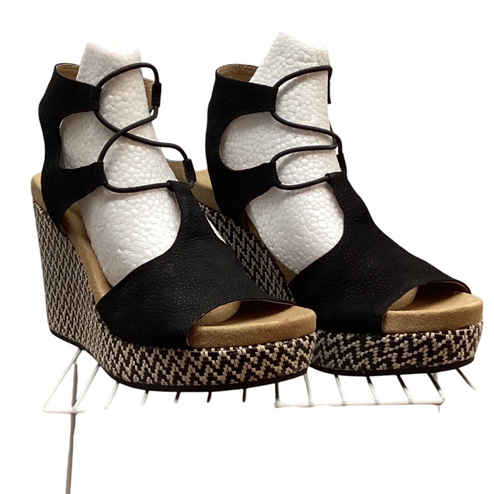 Lucky Brand Black Lace Up Wedge Sandals Women's Open Toe Espadrille Style Size 7